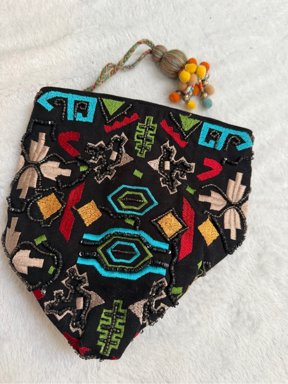 Zara Accessories Embroidered Beaded Wristlet Clutch Boho Pom Pom Bag